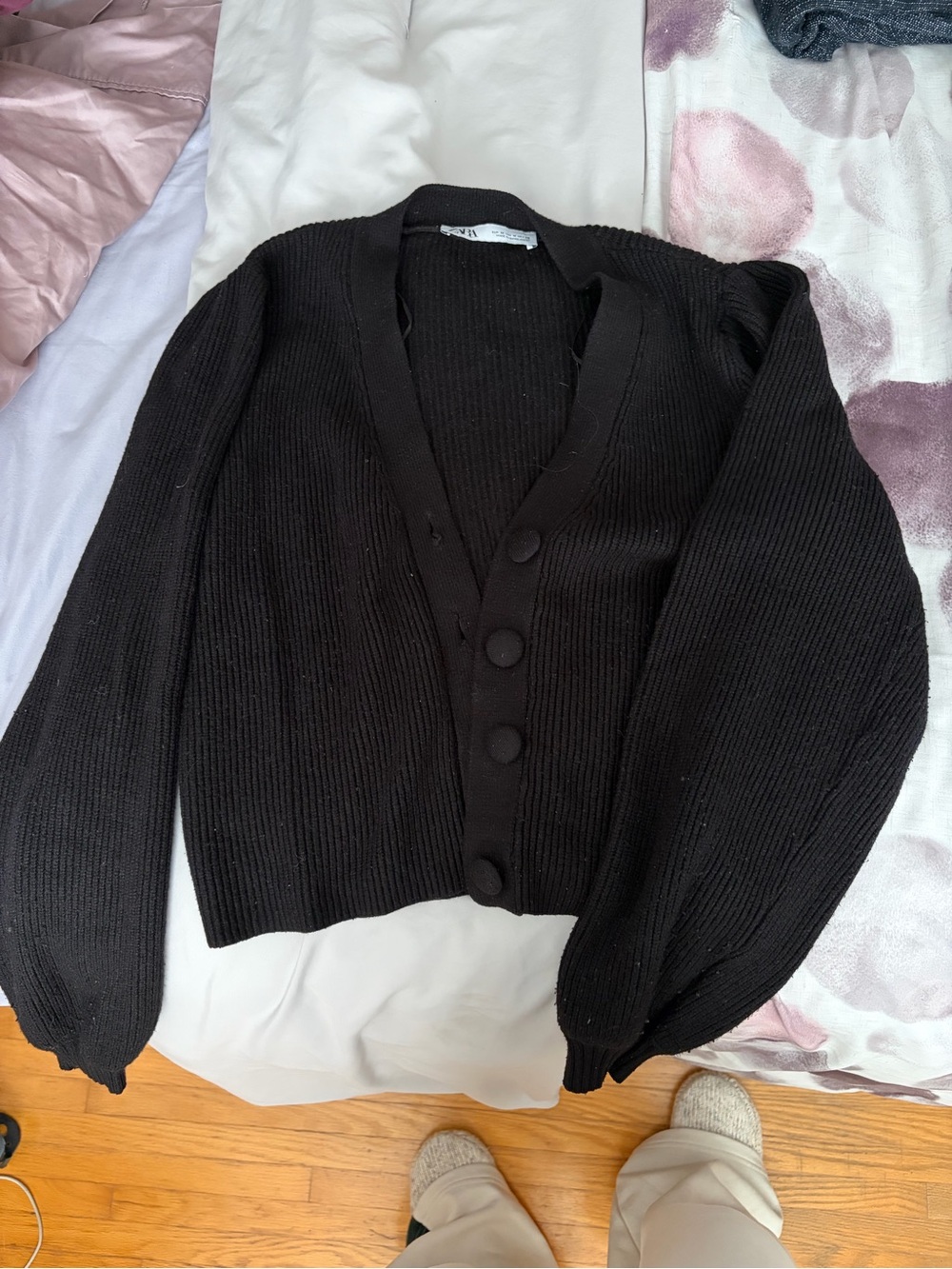 Zara Black Ribbed Button-Front Cardigan